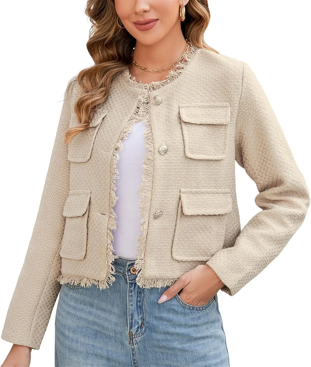 Ladyful Womens Cropped Tweed Blazer Jacket Collarless Lady Jacket Long Sleeve Fall Elegant Work Suits Coat