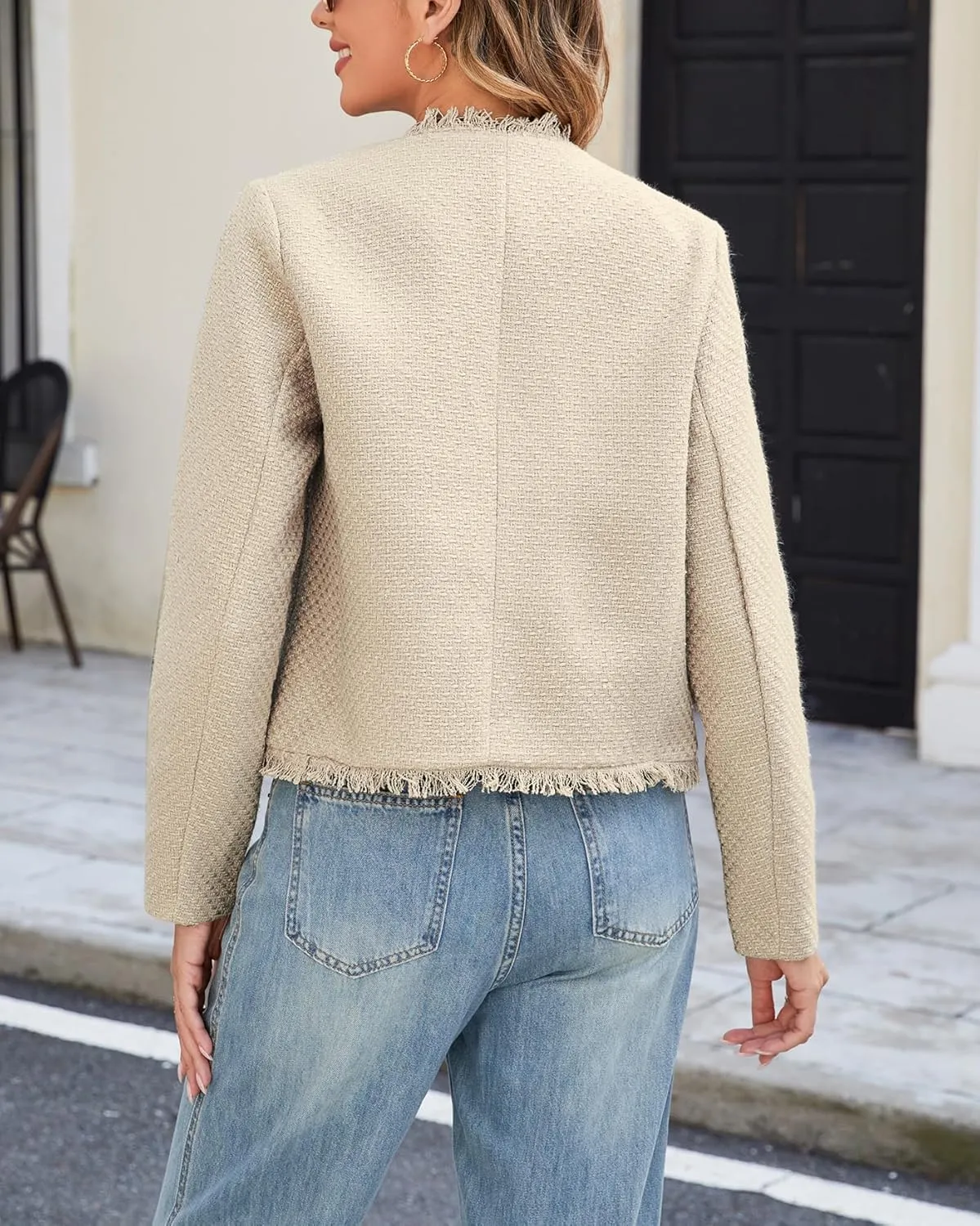 Ladyful Womens Cropped Tweed Blazer Jacket Collarless Lady Jacket Long Sleeve Fall Elegant Work Suits Coat