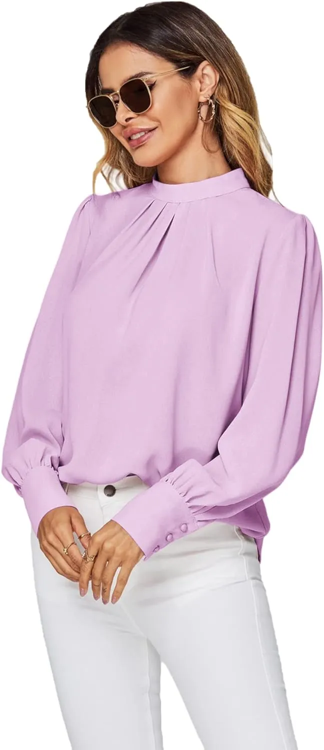 LYANER Women's Mock Neck Pleated Solid Long Sleeve Blouse Office Shirt Top