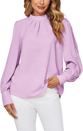 LYANER Women's Mock Neck Pleated Solid Long Sleeve Blouse Office Shirt Top