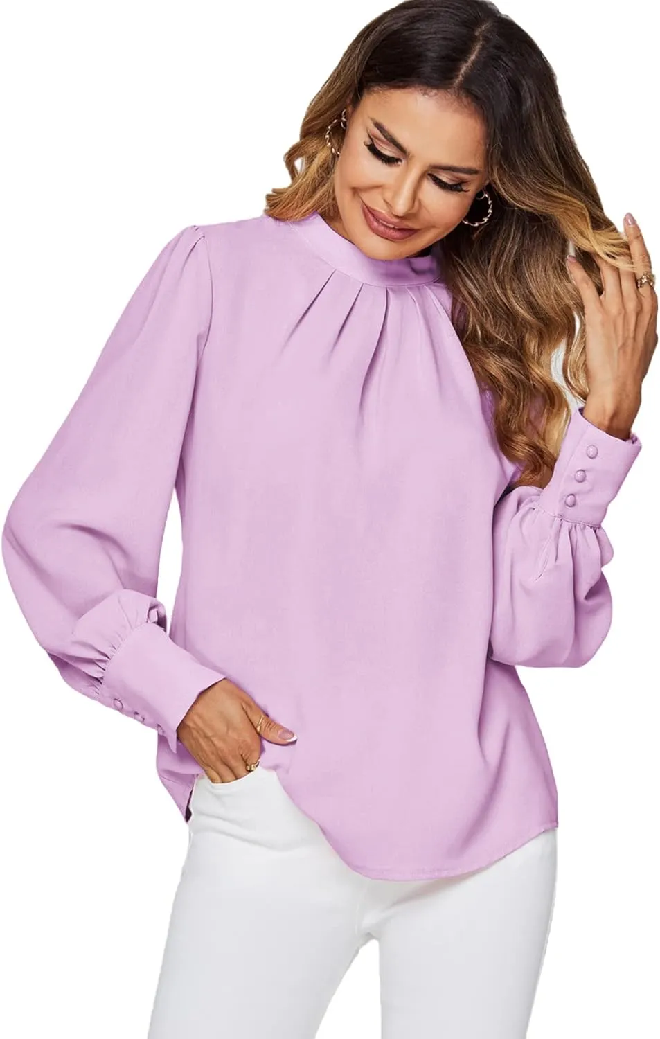LYANER Women's Mock Neck Pleated Solid Long Sleeve Blouse Office Shirt Top