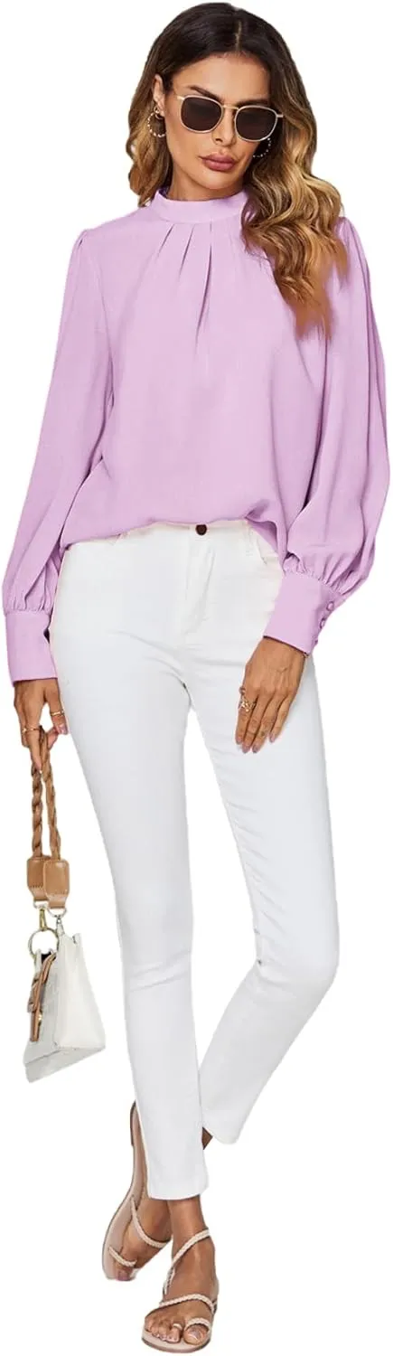 LYANER Women's Mock Neck Pleated Solid Long Sleeve Blouse Office Shirt Top