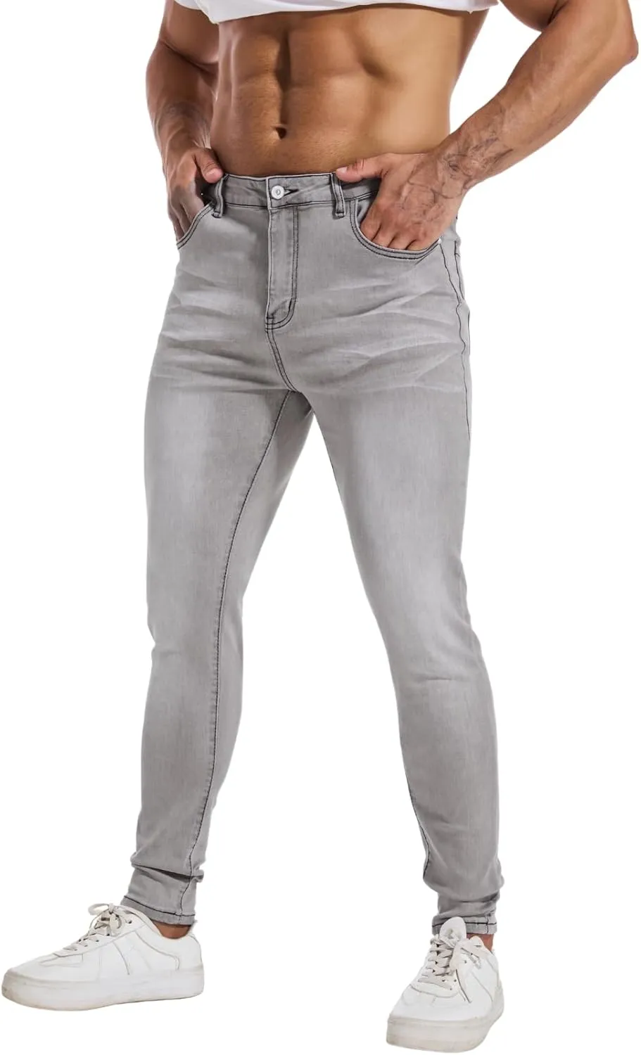 LZLER Mens Skinny Jeans Slim Fit Stretch Jeans Tapered Leg Ripped Elastic Waist Jean Denim Pants