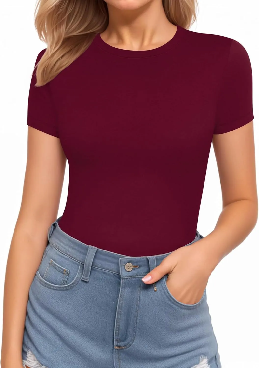 MANGOPOP Women's Round Neck Short Sleeve T Shirts Basic Bodysuits