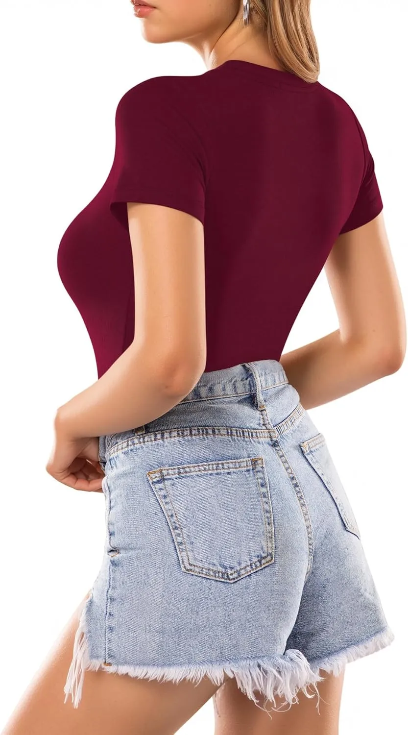 MANGOPOP Women's Round Neck Short Sleeve T Shirts Basic Bodysuits