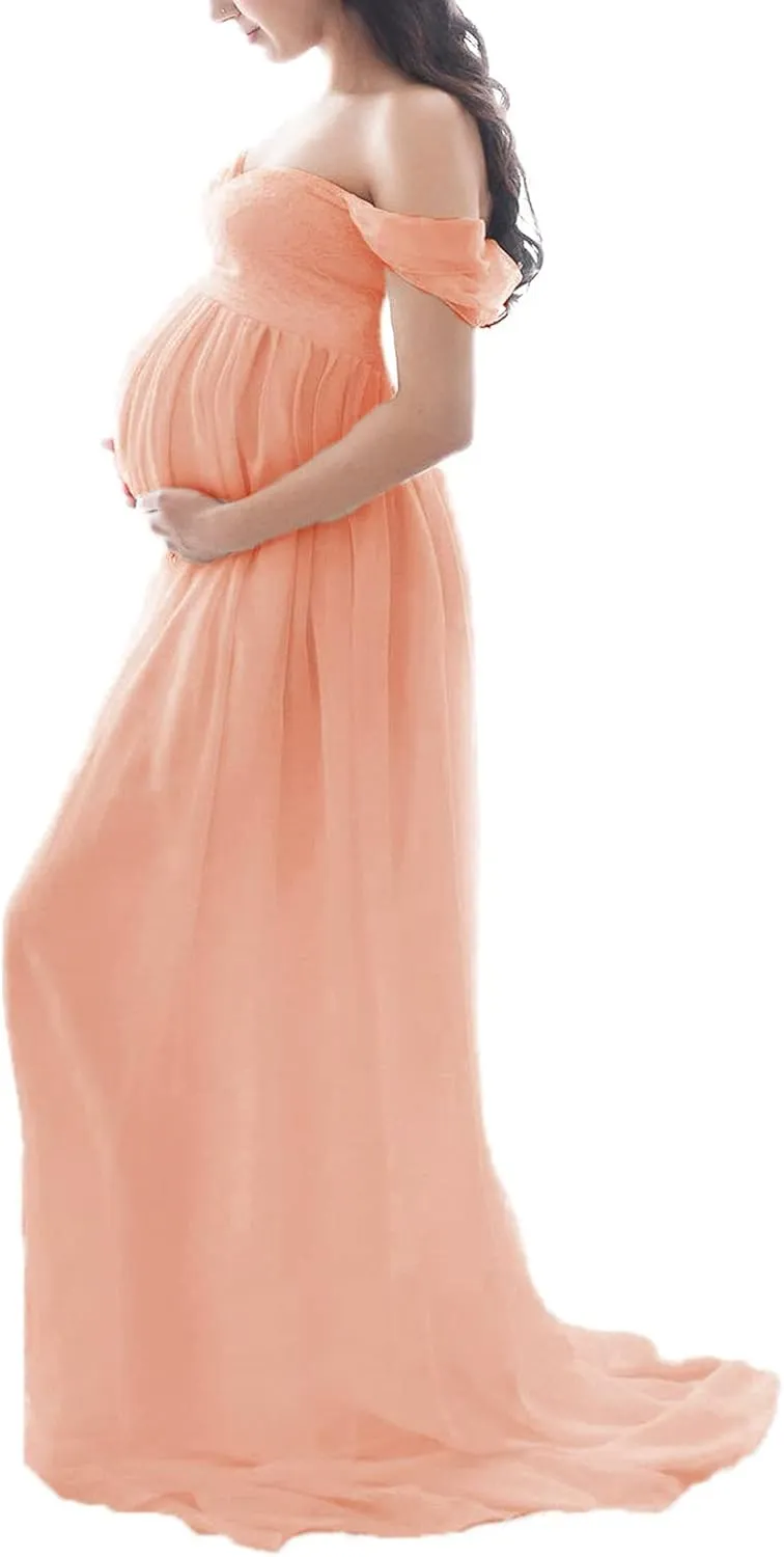 Maternity Floral Lace Dress Off Shoulder Maxi Photography Dress Fancy Pregnancy Gown for Daily Wearing Baby Shower Photoshoot