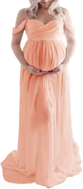 Maternity Floral Lace Dress Off Shoulder Maxi Photography Dress Fancy Pregnancy Gown for Daily Wearing Baby Shower Photoshoot