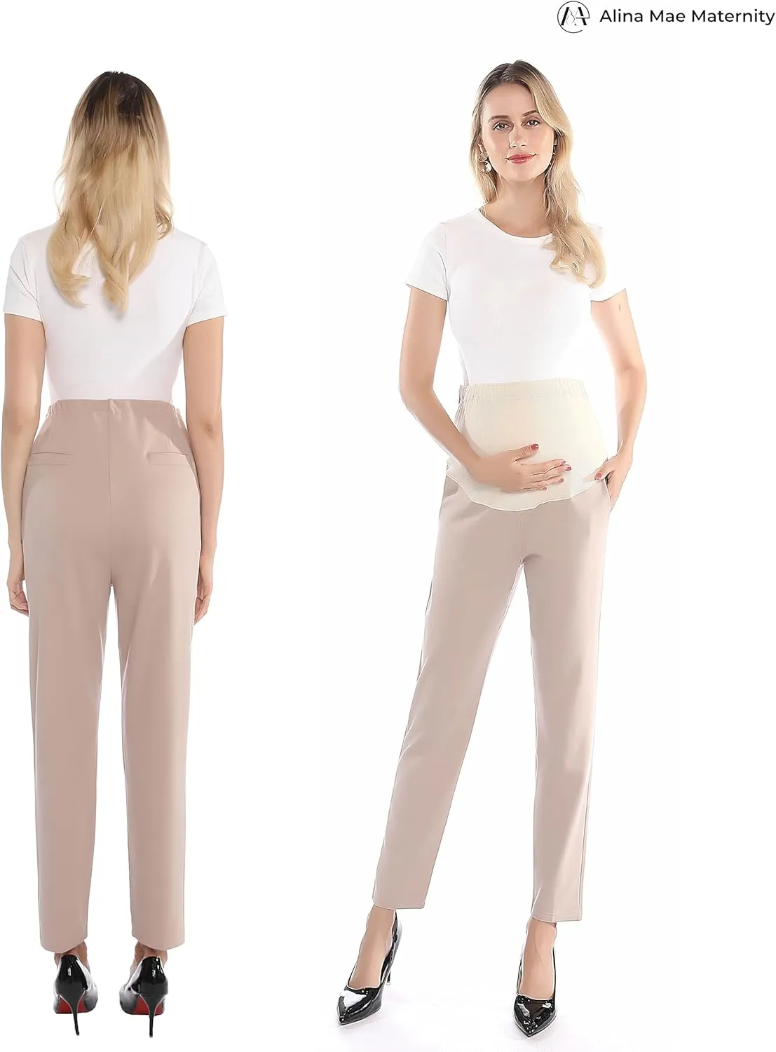 Maternity Pants Work Over The Belly with Pockets, Womens Pregnancy Dress Pants Office Clothes Trousers Stretch Summer