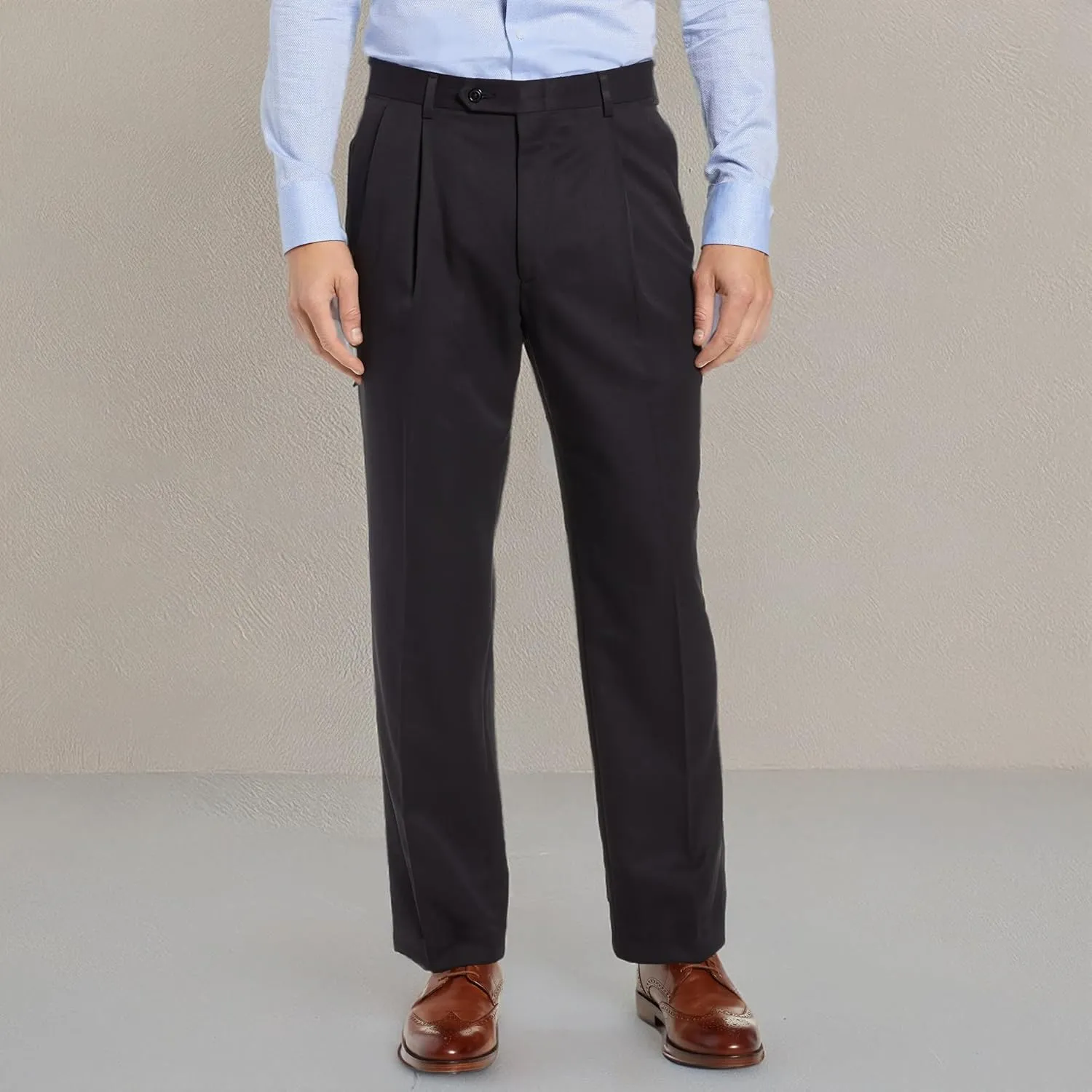 Men's No Iron Pleated Dress Pants Expandable Waist Regular Fit Premium Comfort Slacks