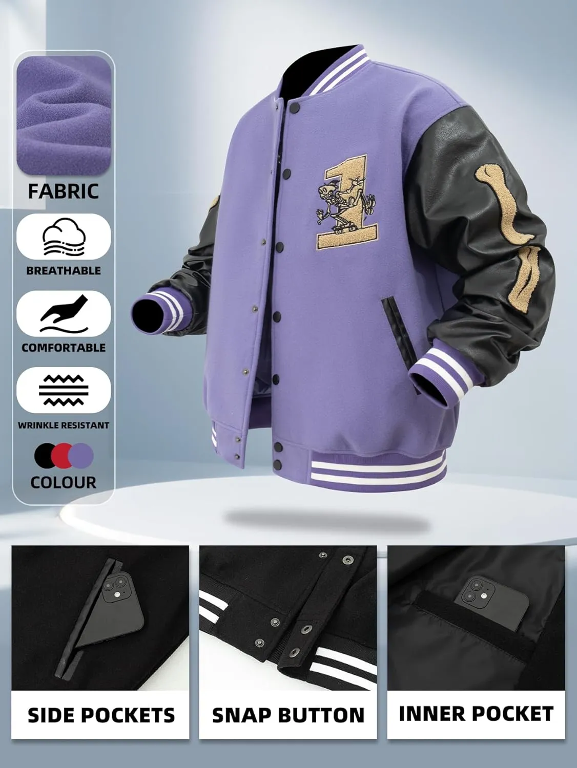 Mens Varsity Jackets Vintage Skeleton Embroidery Bomber Jacket For Fall&winter Halloween costumes Outerwear Coat