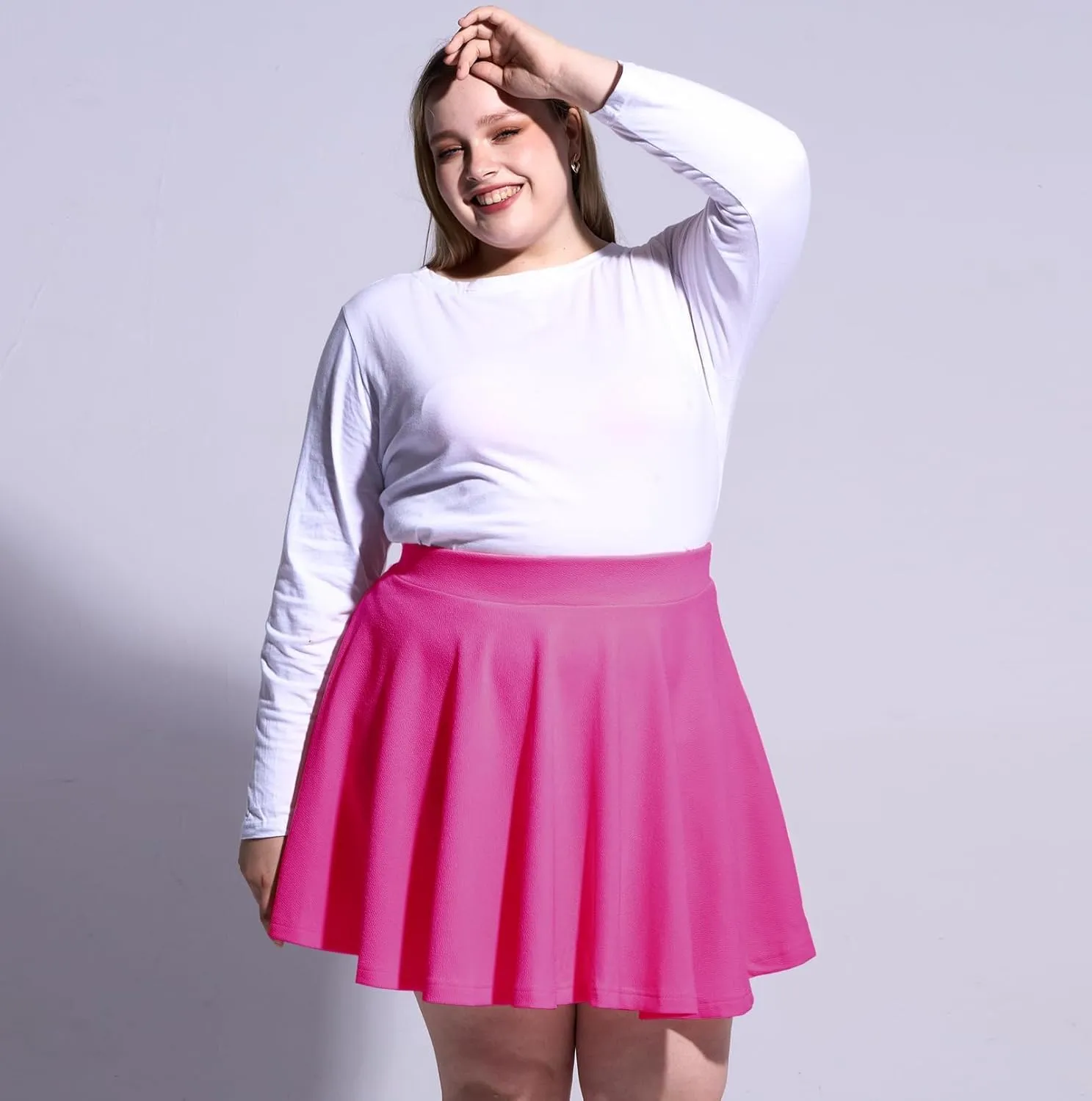 Moon Wood Women's Plus Size Mini Skater Skirt- Basic Versatile High Waisted Flared Casual Stretchy Skirts