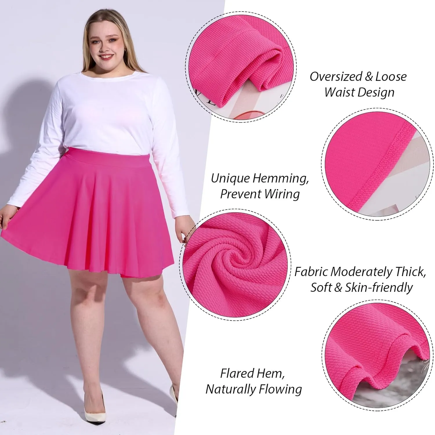 Moon Wood Women's Plus Size Mini Skater Skirt- Basic Versatile High Waisted Flared Casual Stretchy Skirts