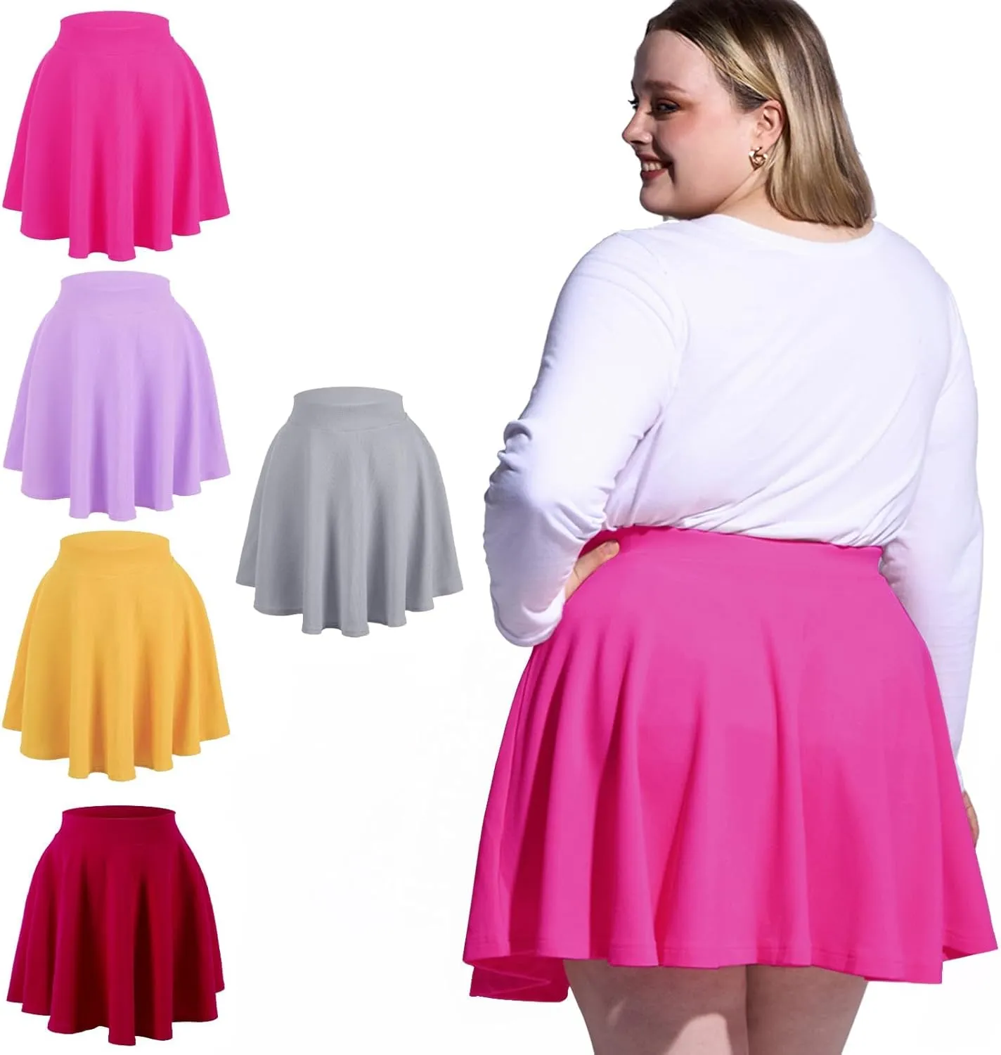 Moon Wood Women's Plus Size Mini Skater Skirt- Basic Versatile High Waisted Flared Casual Stretchy Skirts