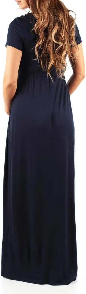 Mother Bee Maternity Short Sleeve Ruched Waist Faux Wrap Maxi Dress