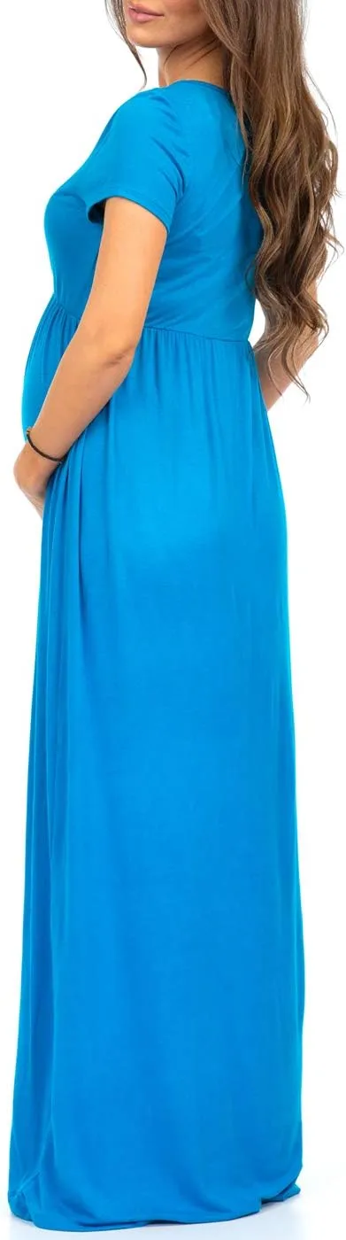 Mother Bee Maternity Short Sleeve Ruched Waist Faux Wrap Maxi Dress