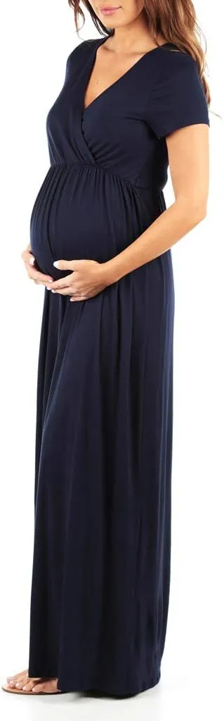 Mother Bee Maternity Short Sleeve Ruched Waist Faux Wrap Maxi Dress