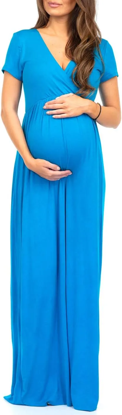 Mother Bee Maternity Short Sleeve Ruched Waist Faux Wrap Maxi Dress
