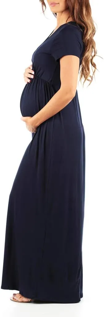 Mother Bee Maternity Short Sleeve Ruched Waist Faux Wrap Maxi Dress
