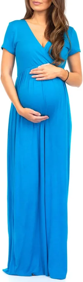 Mother Bee Maternity Short Sleeve Ruched Waist Faux Wrap Maxi Dress