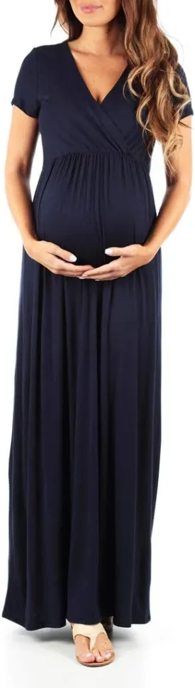 Mother Bee Maternity Short Sleeve Ruched Waist Faux Wrap Maxi Dress