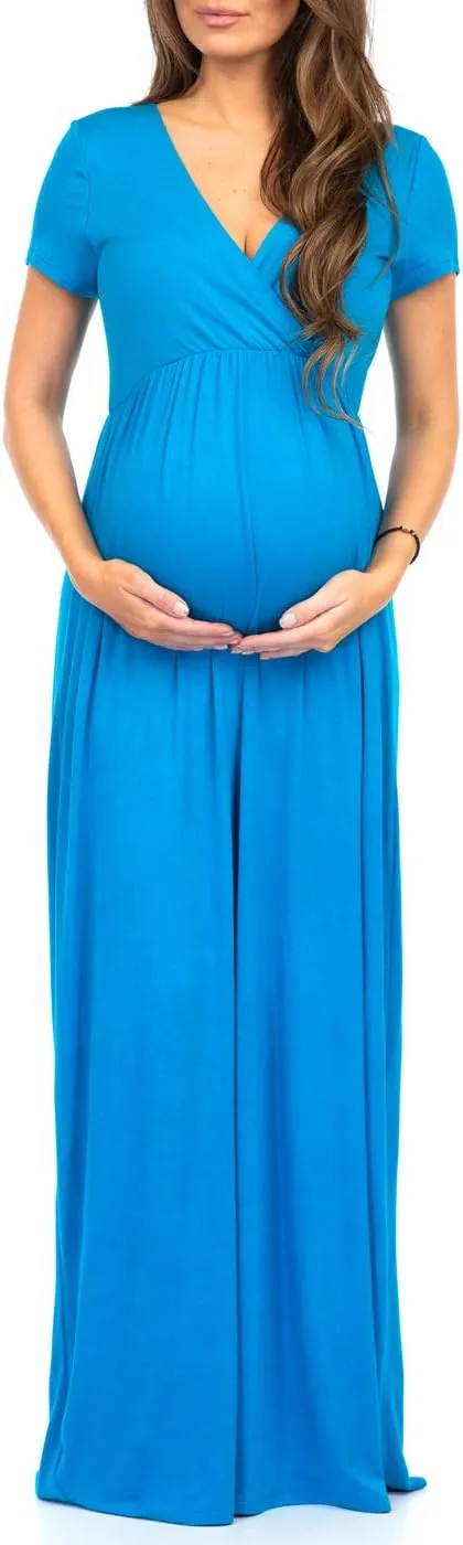 Mother Bee Maternity Short Sleeve Ruched Waist Faux Wrap Maxi Dress