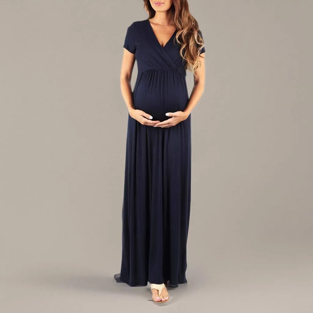 Mother Bee Maternity Short Sleeve Ruched Waist Faux Wrap Maxi Dress