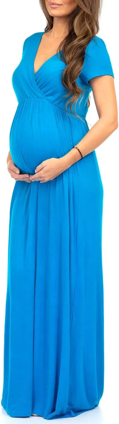 Mother Bee Maternity Short Sleeve Ruched Waist Faux Wrap Maxi Dress