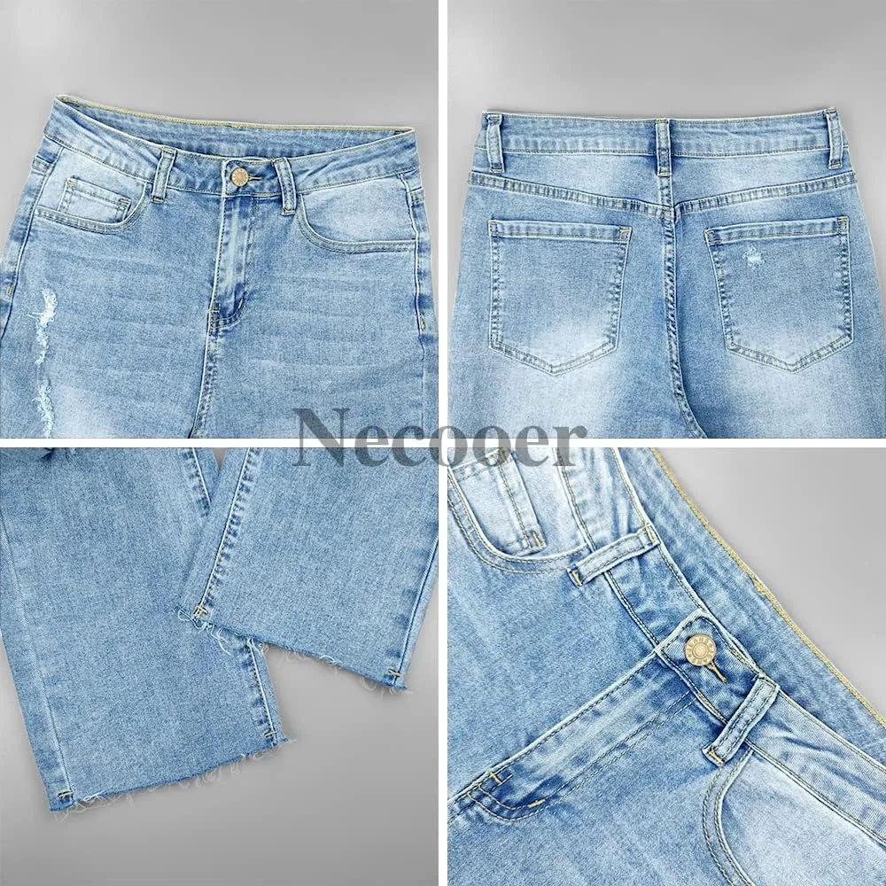 Necooer Womens Bell Bottom Jeans Classic Stretch Raw Hem Flare Denim Jeans Pants