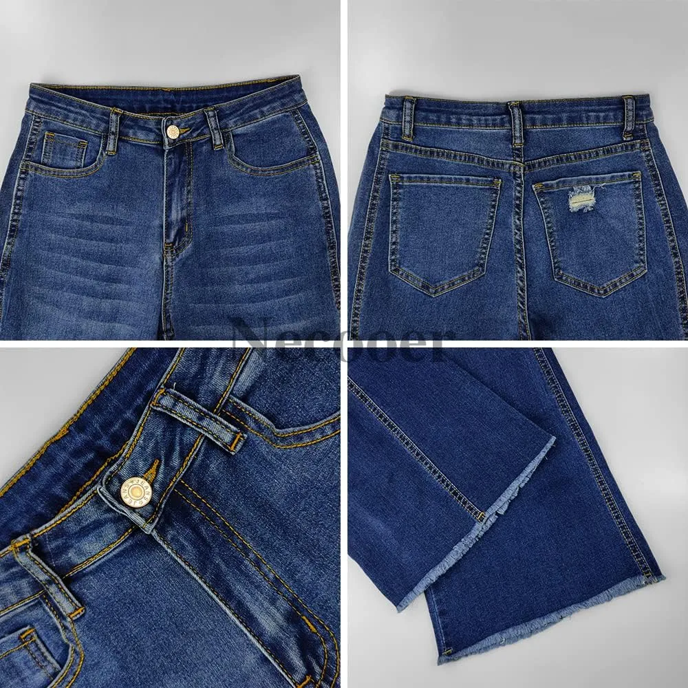 Necooer Womens Flare Jeans Classic Stretch Raw Hem Flare Bell Bottom Denim Jeans Pants