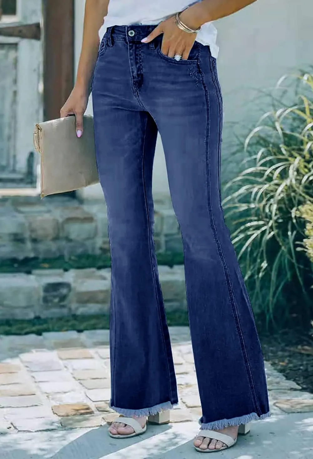 Necooer Womens Flare Jeans Classic Stretch Raw Hem Flare Bell Bottom Denim Jeans Pants