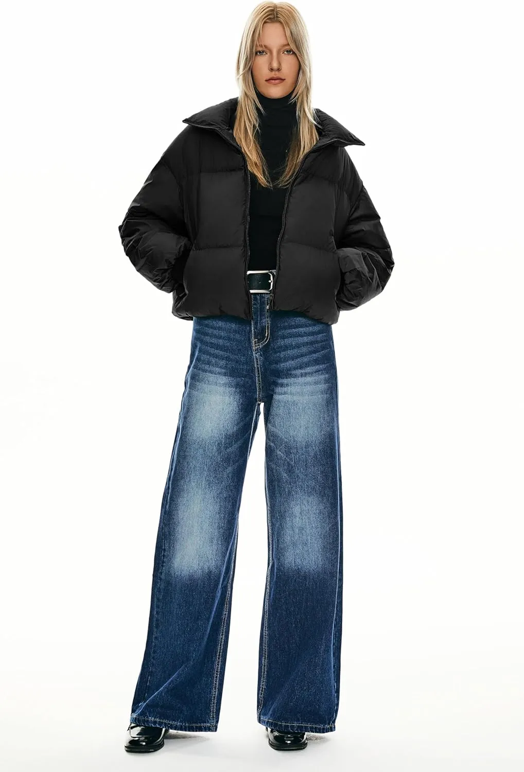 Orolay Women's Winter Oversized Cropped Puffer Jacket Zip Up Short Down Coat Stand Collar Baggy Overcoat