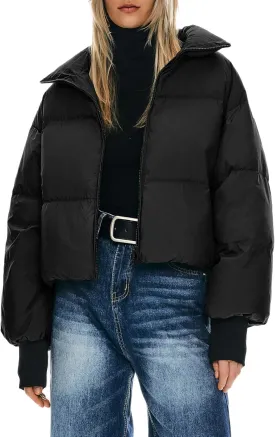 Orolay Women's Winter Oversized Cropped Puffer Jacket Zip Up Short Down Coat Stand Collar Baggy Overcoat