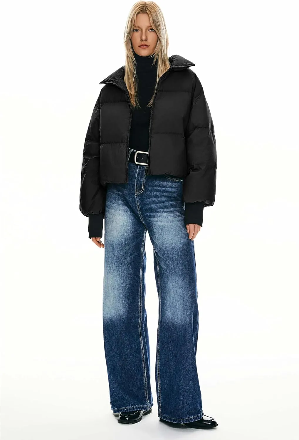 Orolay Women's Winter Oversized Cropped Puffer Jacket Zip Up Short Down Coat Stand Collar Baggy Overcoat