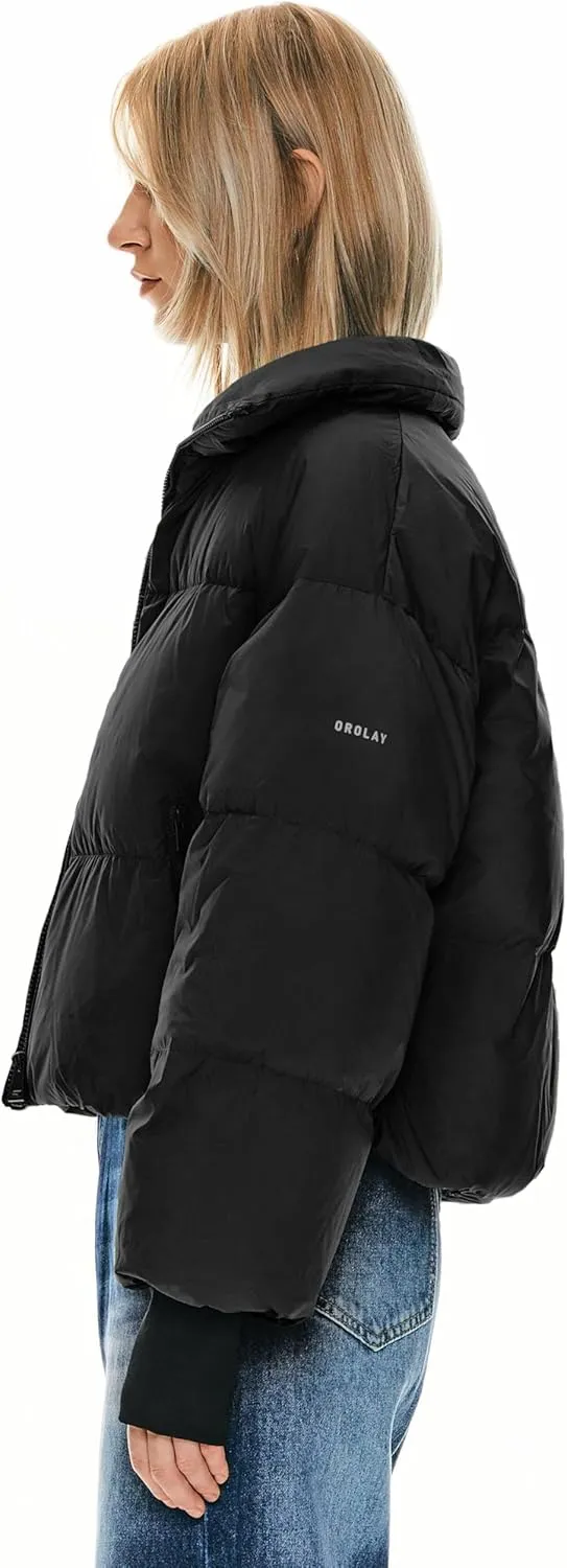 Orolay Women's Winter Oversized Cropped Puffer Jacket Zip Up Short Down Coat Stand Collar Baggy Overcoat