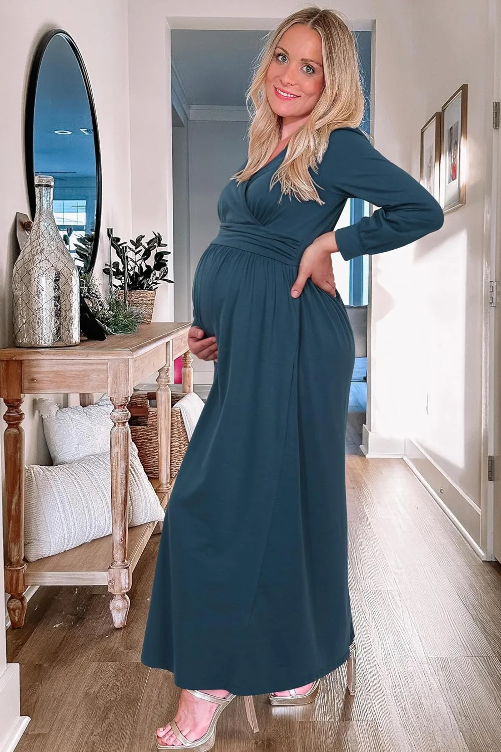 OUGES Fall Maternity Maxi Dress Long Sleeve Wrap V Neck Baby Shower Pregnancy Dresses for Photoshoot Maternity Clothes