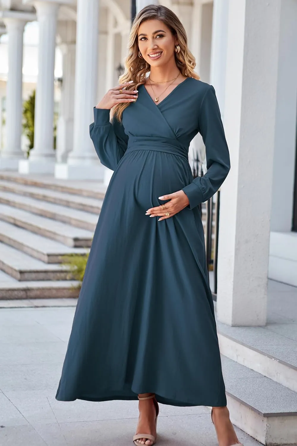 OUGES Fall Maternity Maxi Dress Long Sleeve Wrap V Neck Baby Shower Pregnancy Dresses for Photoshoot Maternity Clothes
