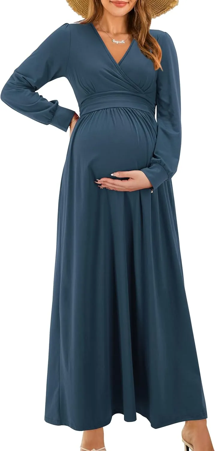 OUGES Fall Maternity Maxi Dress Long Sleeve Wrap V Neck Baby Shower Pregnancy Dresses for Photoshoot Maternity Clothes