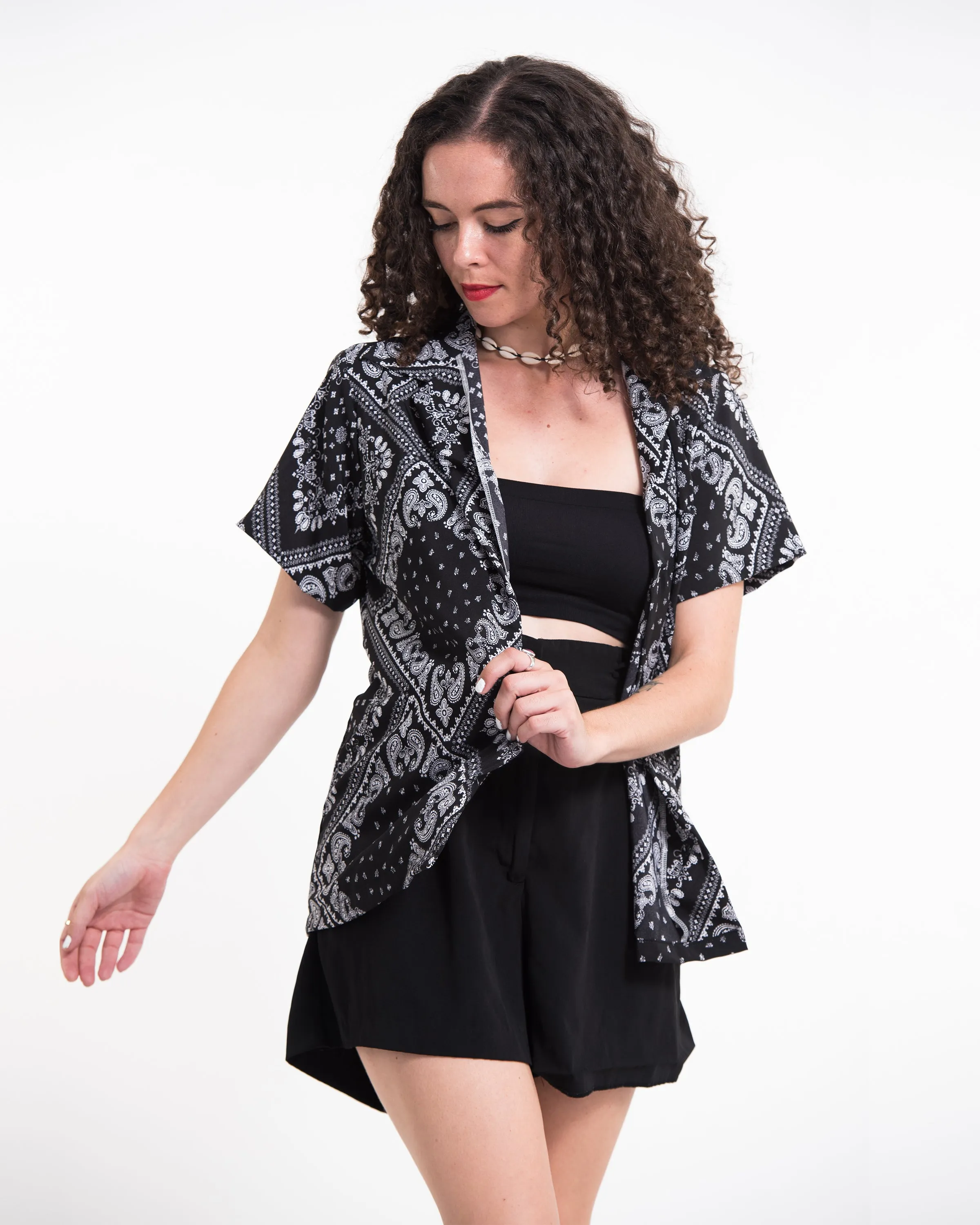 Patchwork Paisley Short Sleeve Button Shirt in Black