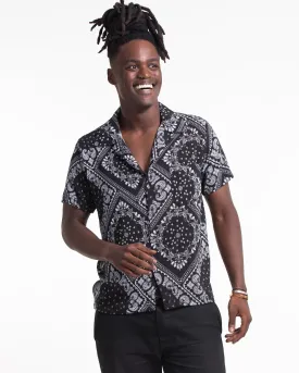 Patchwork Paisley Short Sleeve Button Shirt in Black