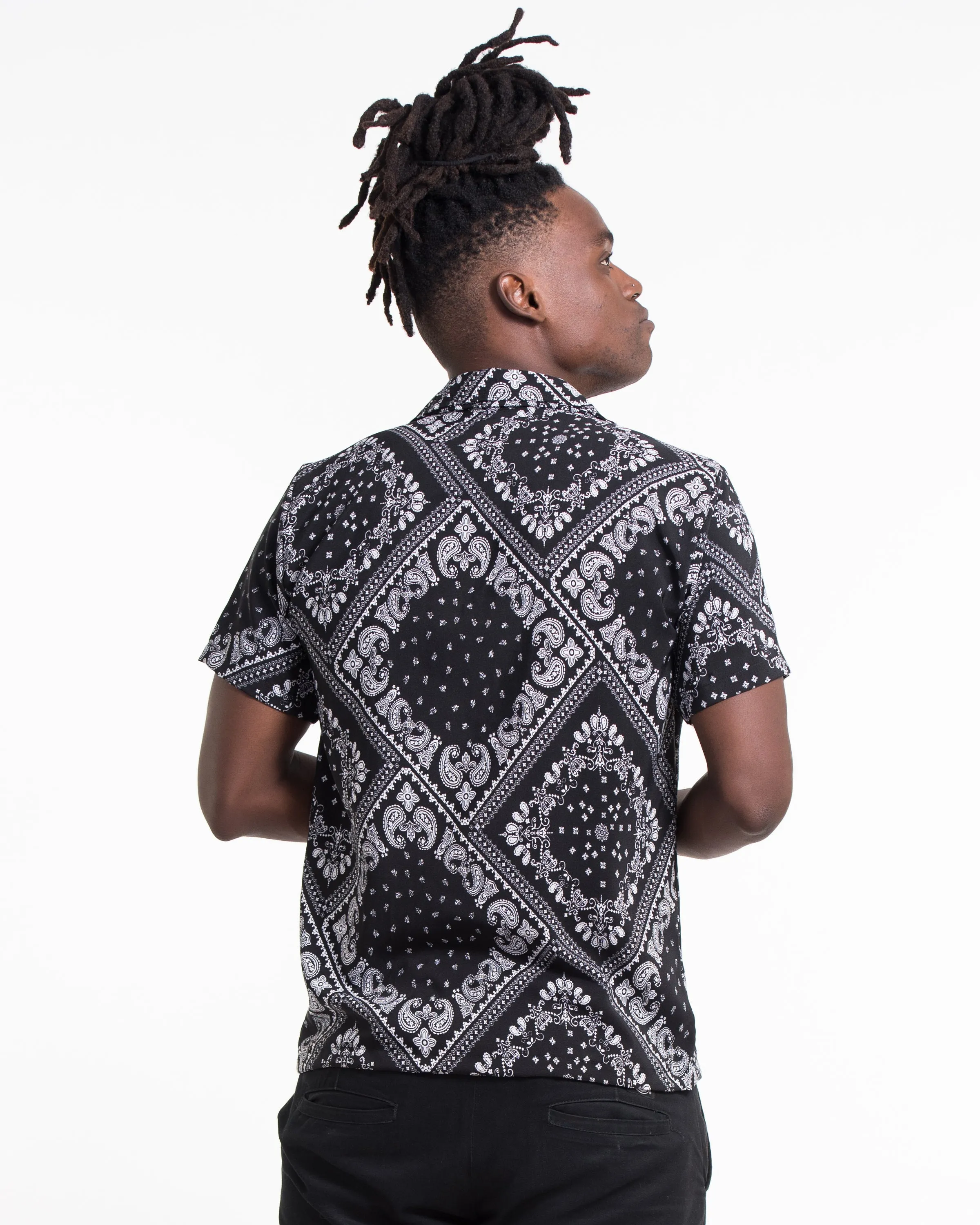 Patchwork Paisley Short Sleeve Button Shirt in Black