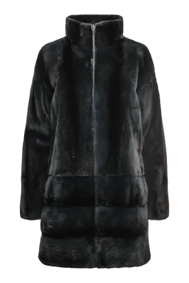 Reversible Stone Blue Striped Mid Length Plucked Mink Fur Coat