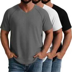 Riyiper 3 Pack Men's Big and Tall T-Shirts V Neck Ribbed Raglan Short Sleeve Tees Plus Size Loose Fit Casual Basic Tops
