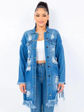 (S-3x) Fringed Cutout Denim Shirt Jacket