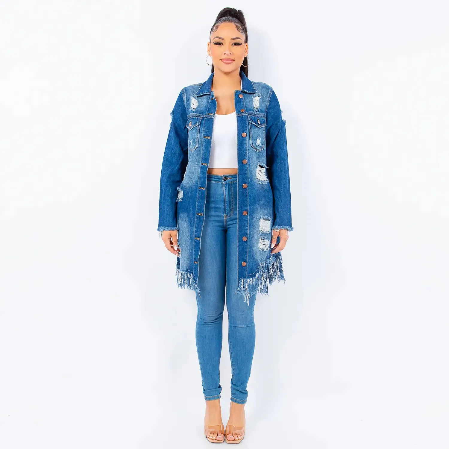 (S-3x) Fringed Cutout Denim Shirt Jacket