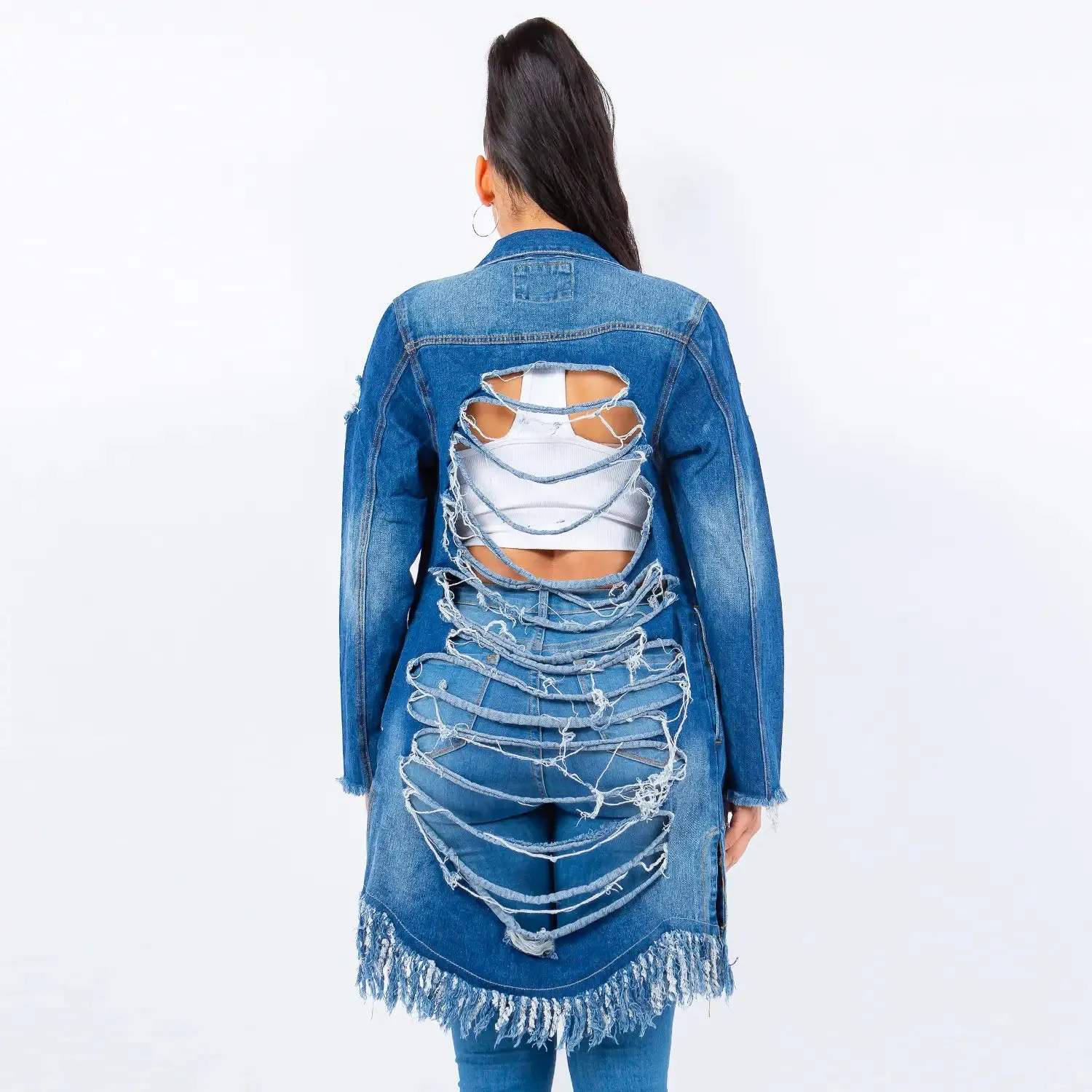 (S-3x) Fringed Cutout Denim Shirt Jacket