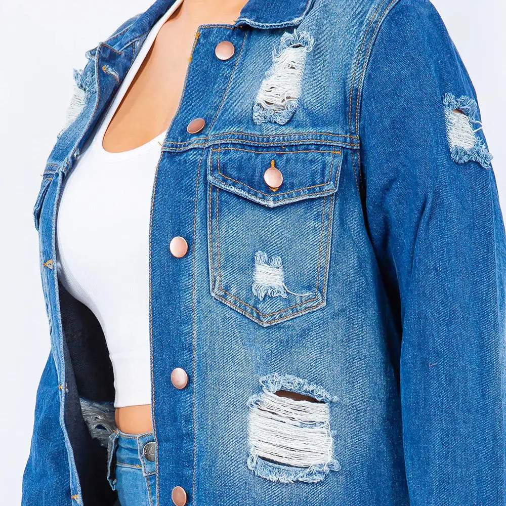 (S-3x) Fringed Cutout Denim Shirt Jacket