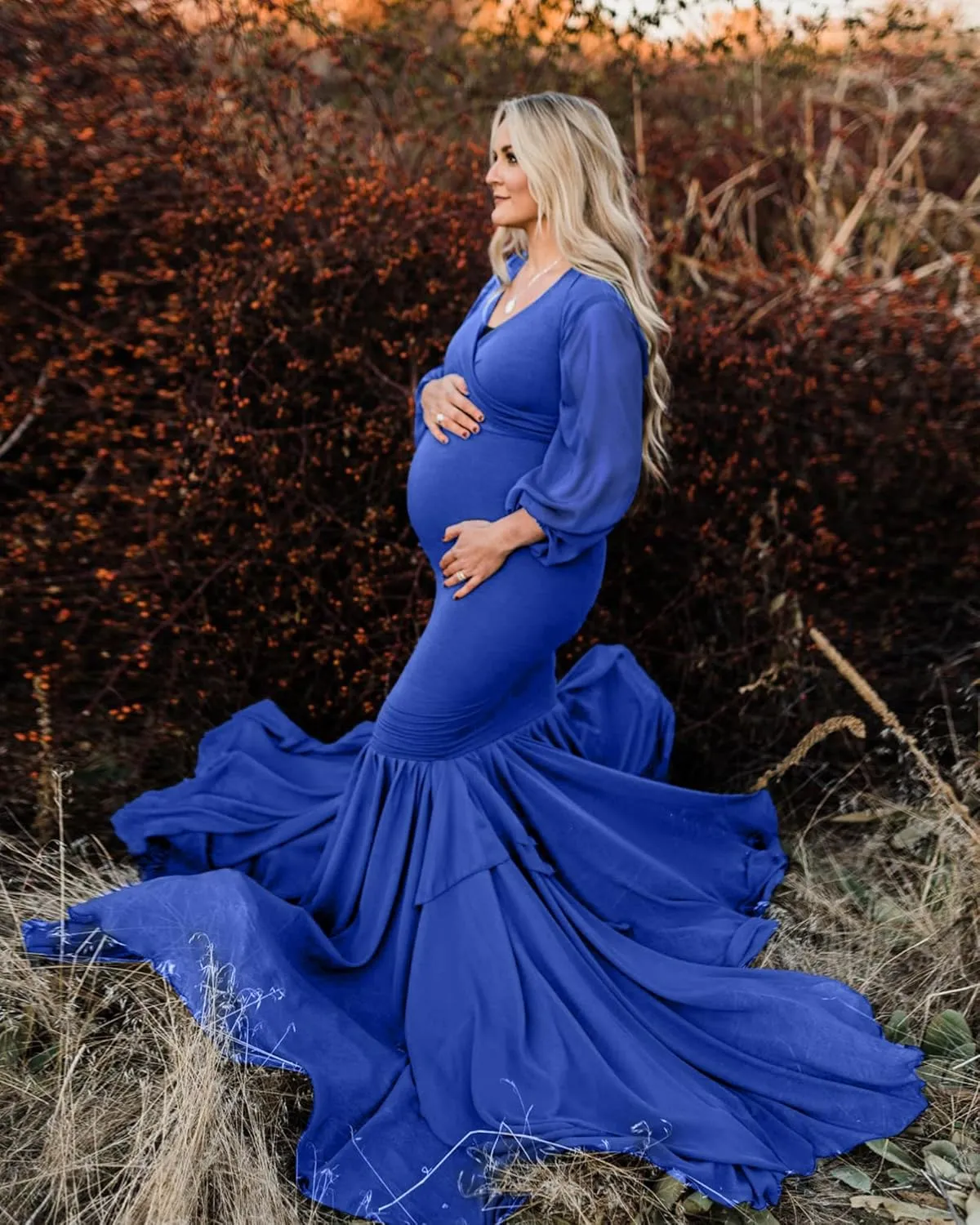 Saslax Long Chiffon Sleeve Tired Mermaid Maternity Dress for Photoshoot Photography Baby Shower