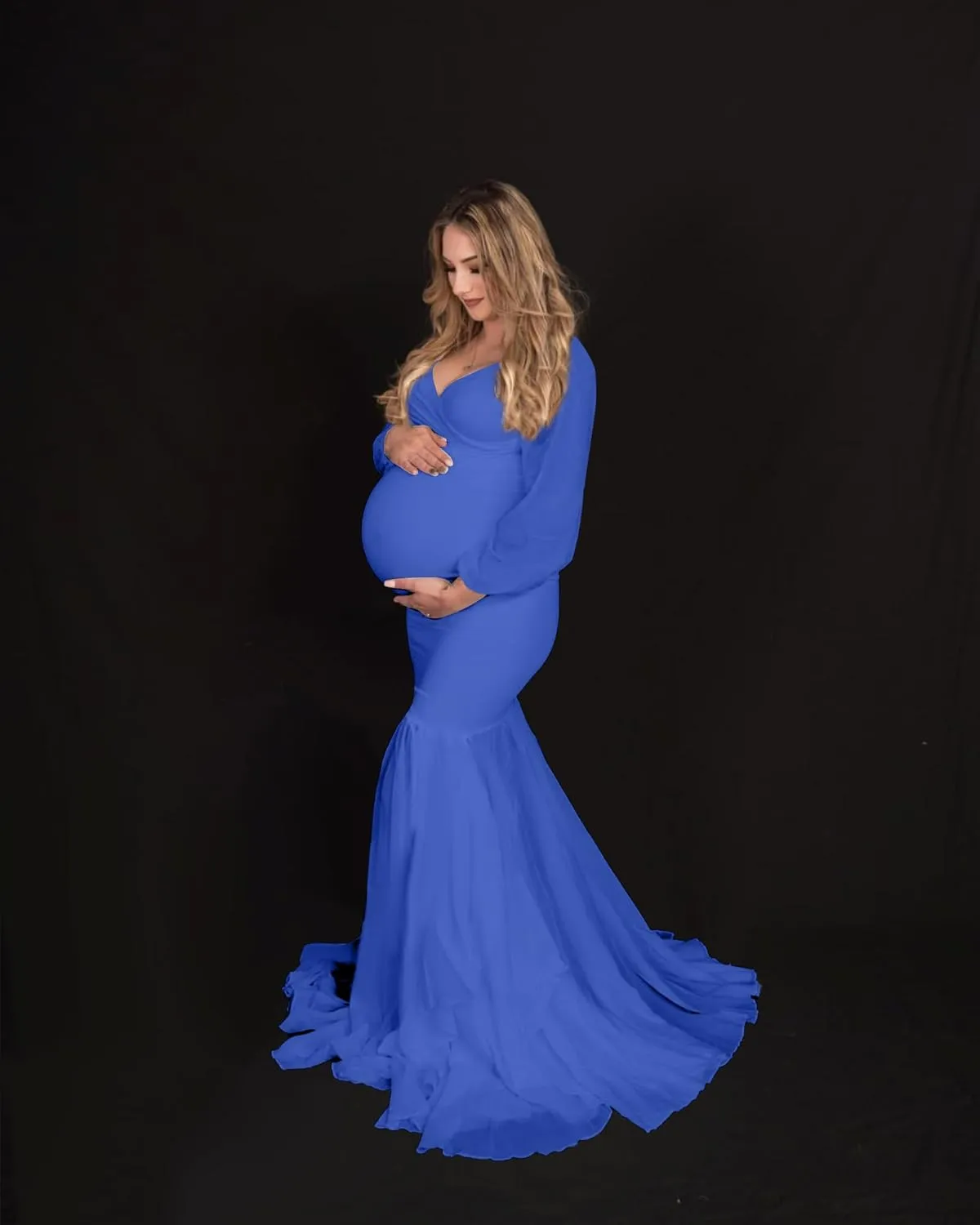 Saslax Long Chiffon Sleeve Tired Mermaid Maternity Dress for Photoshoot Photography Baby Shower