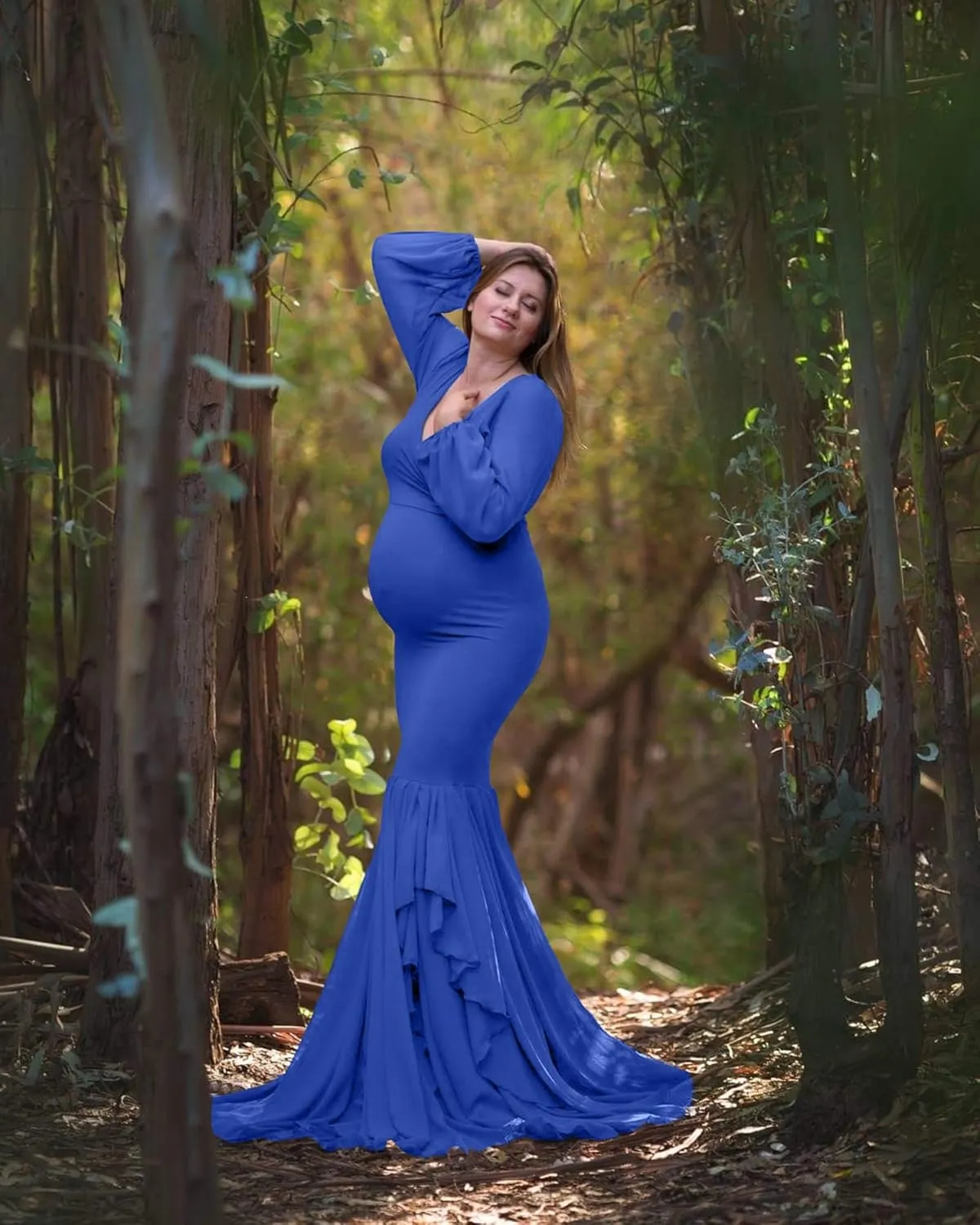 Saslax Long Chiffon Sleeve Tired Mermaid Maternity Dress for Photoshoot Photography Baby Shower