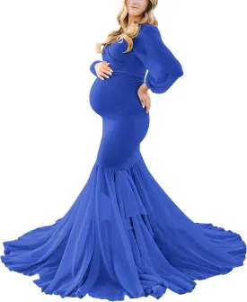 Saslax Long Chiffon Sleeve Tired Mermaid Maternity Dress for Photoshoot Photography Baby Shower
